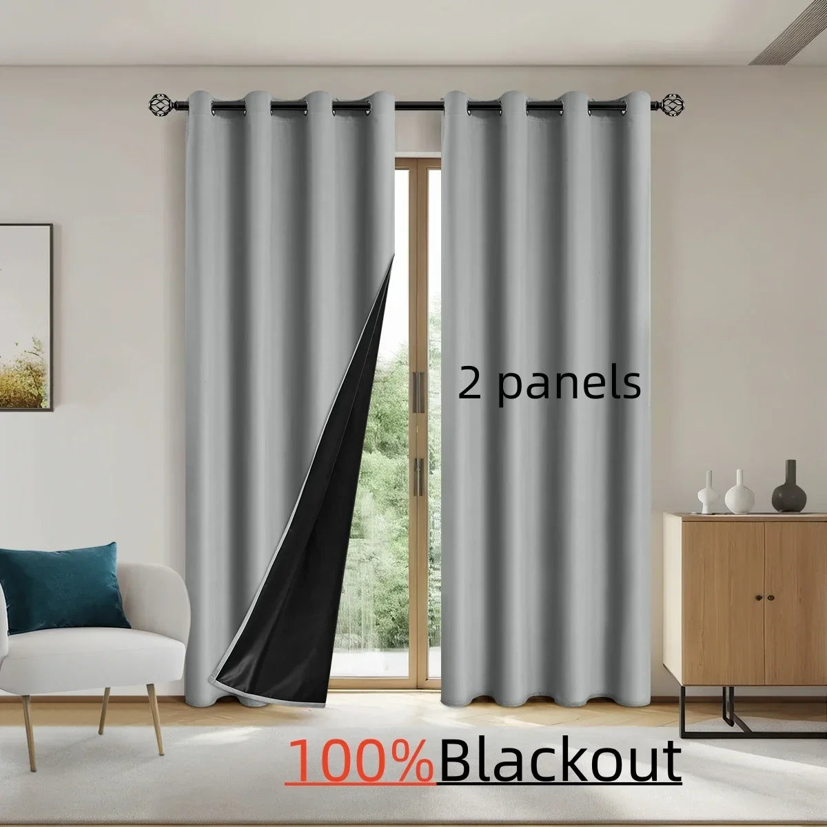 2 Panels Solid 100% Blackout Curtains